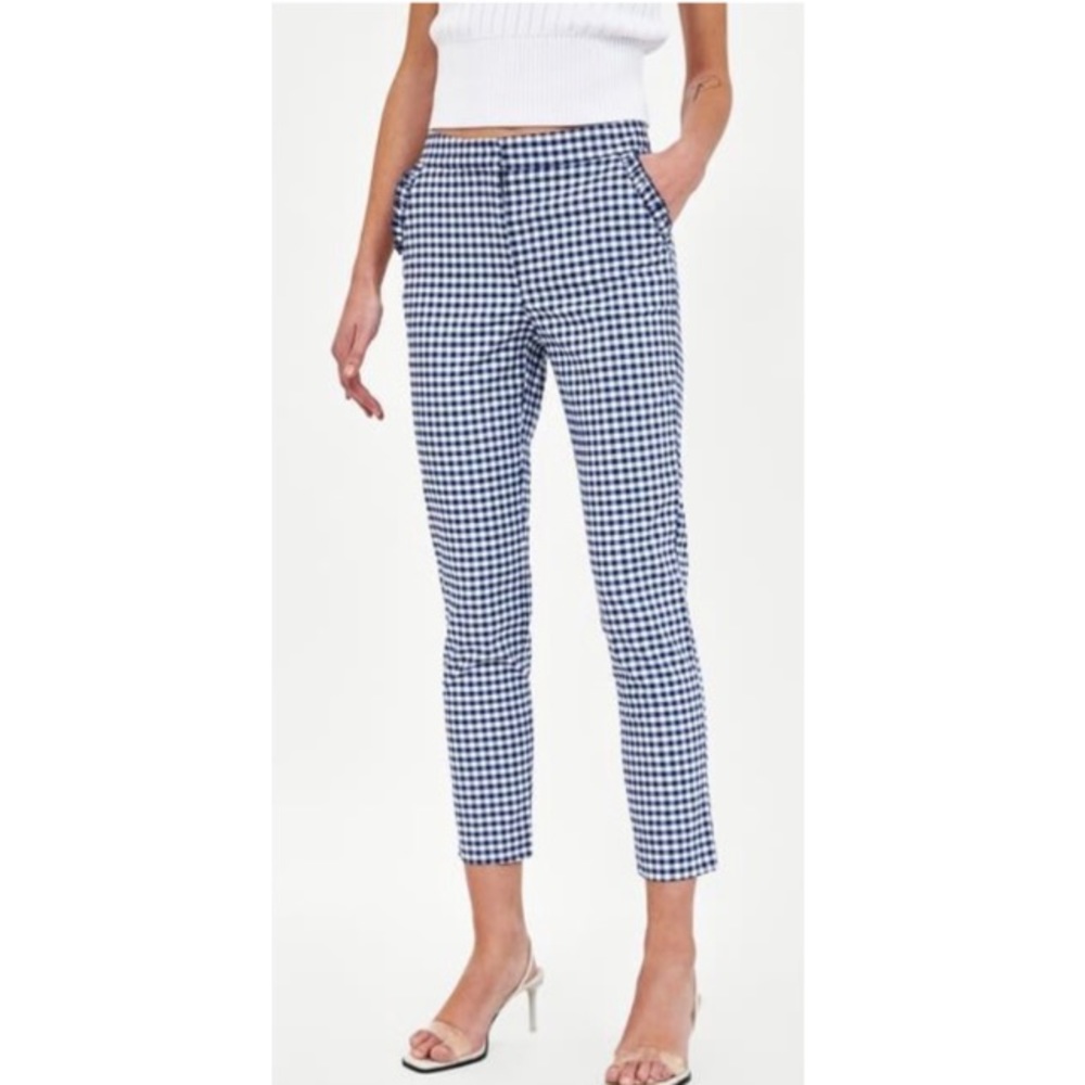 ZARA Blue Gingham Ruffle Pocket Ankle Pants